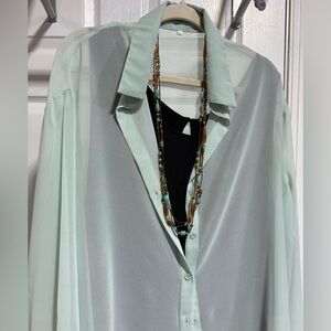 Mint Green Sheer Button Down Blouse Sz Lg Lightweight Chiffon Long Sleeve Top
